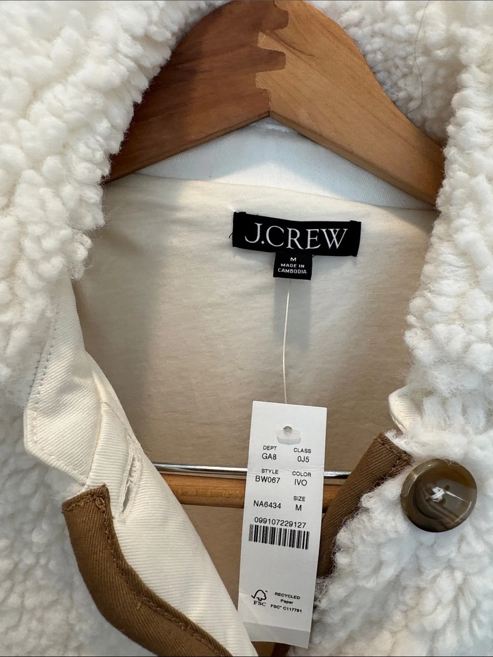 J. Crew Cream Sherpa Jacket with Brown Trim